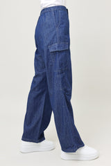 HIGH-WAIST RELAXED FIT CARGO DENIM PANTS-DK-BLUE