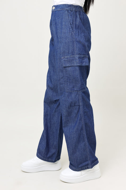 HIGH-WAIST RELAXED FIT CARGO DENIM PANTS-DK-BLUE