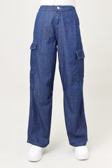 HIGH-WAIST RELAXED FIT CARGO DENIM PANTS-DK-BLUE