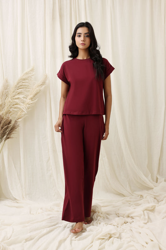 HIGH-STRETCH RELAXED FITNESS TROUSERS-MAROON