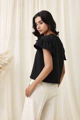 RUFFLE SLEEVE TEE-BLACK