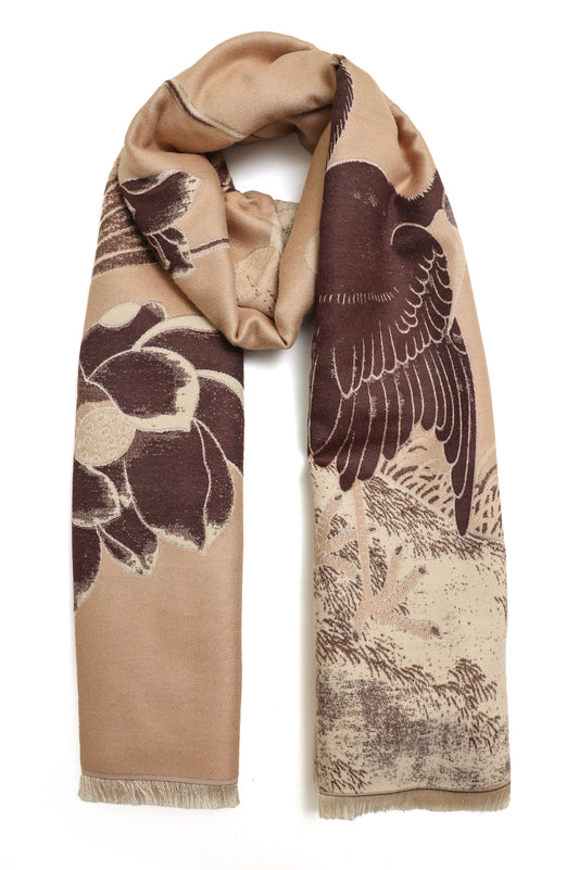 FLORAL FAUNA SCARF-BEIGE/BROWN