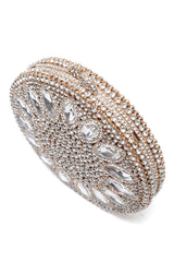 ROUND CRYSTAL EMBELLISHED STATEMENT CLUTCH-SILV-GOLD