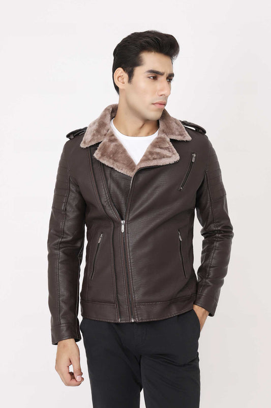 SHEARLING-LINED FAUX LEATHER BIKER JACKET-COFFEE