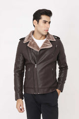 SHEARLING-LINED FAUX LEATHER BIKER JACKET-COFFEE