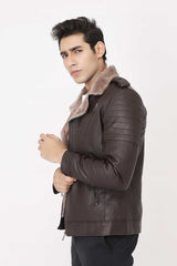 SHEARLING-LINED FAUX LEATHER BIKER JACKET-COFFEE