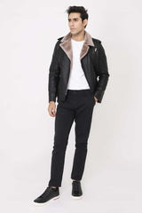 SHEARLING-LINED FAUX LEATHER BIKER JACKET-BLACK