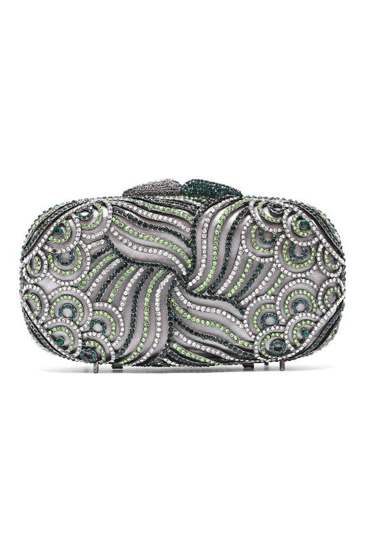 SWIRL PATTERN CRYSTAL EMBELLISHED CLUTCH-MULTI GREEN