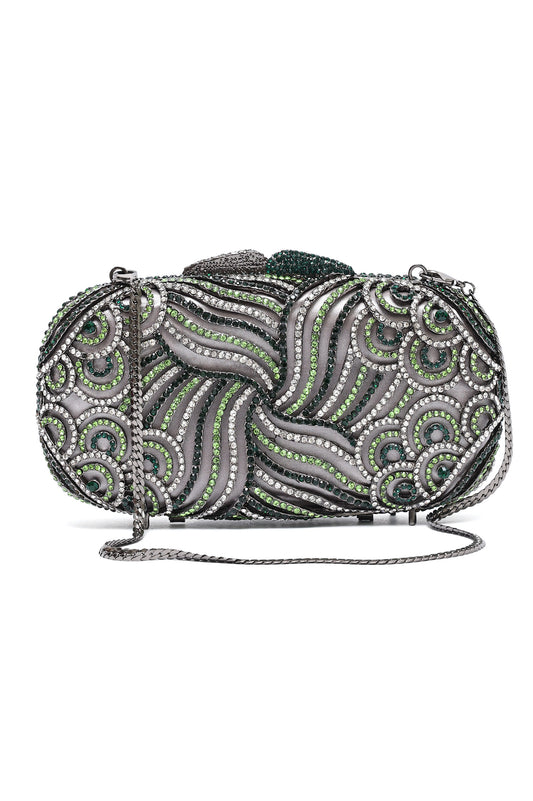 SWIRL PATTERN CRYSTAL EMBELLISHED CLUTCH-MULTI GREEN