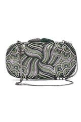 SWIRL PATTERN CRYSTAL EMBELLISHED CLUTCH-MULTI GREEN