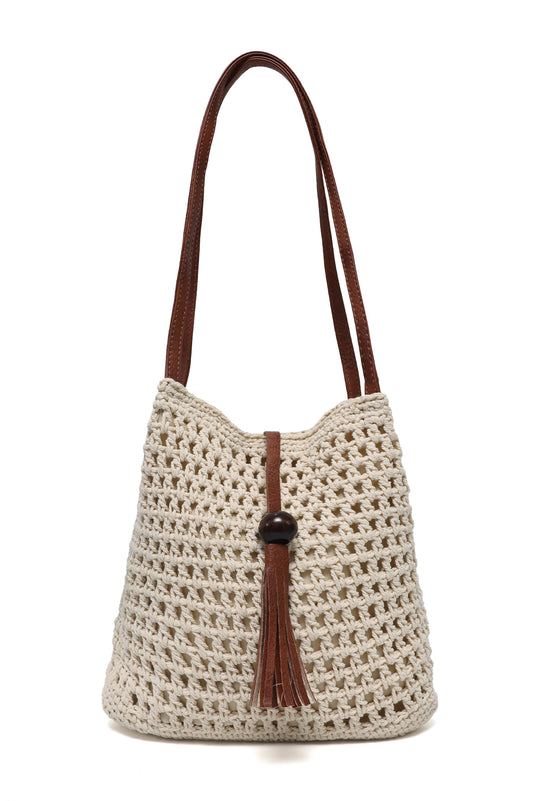 ORIANA TEXTURED WEAVE TASSEL BAG-BEIGE