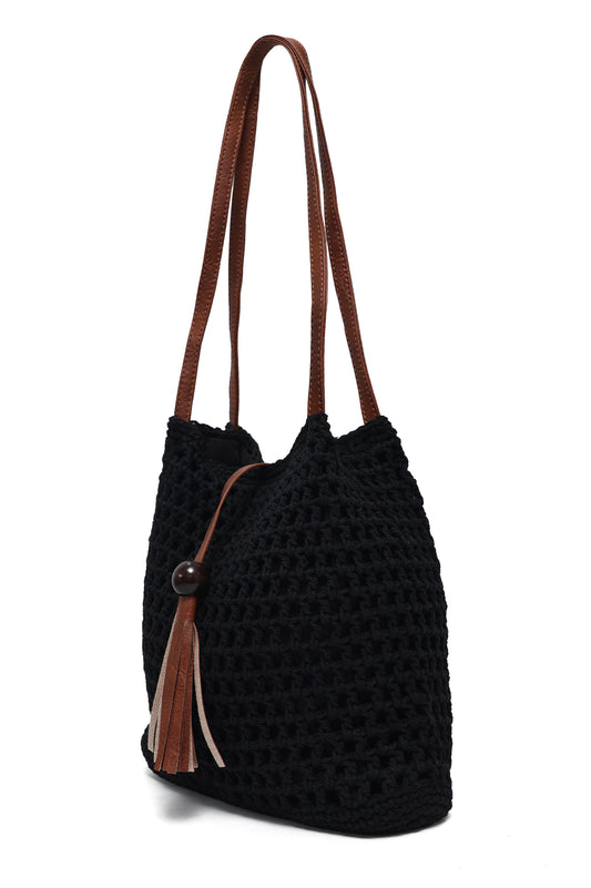 ORIANA TEXTURED WEAVE TASSEL BAG-BLACK