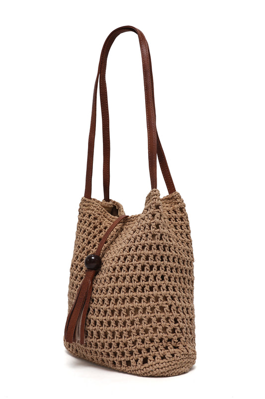 ORIANA TEXTURED WEAVE TASSEL BAG-KHAKI
