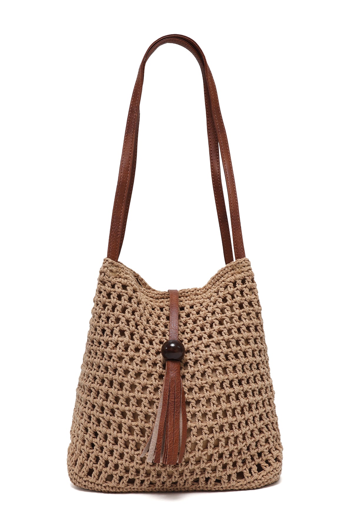 ORIANA TEXTURED WEAVE TASSEL BAG-KHAKI