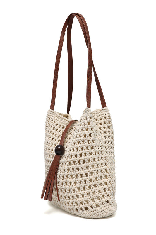ORIANA TEXTURED WEAVE TASSEL BAG-BEIGE