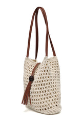 ORIANA TEXTURED WEAVE TASSEL BAG-BEIGE