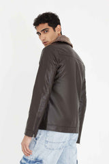 ALMAS STYLISH COLLAR LEATHER JACKET-COFFEE