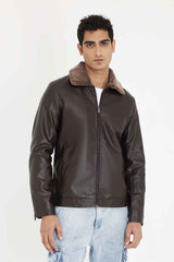 ALMAS STYLISH COLLAR LEATHER JACKET-COFFEE