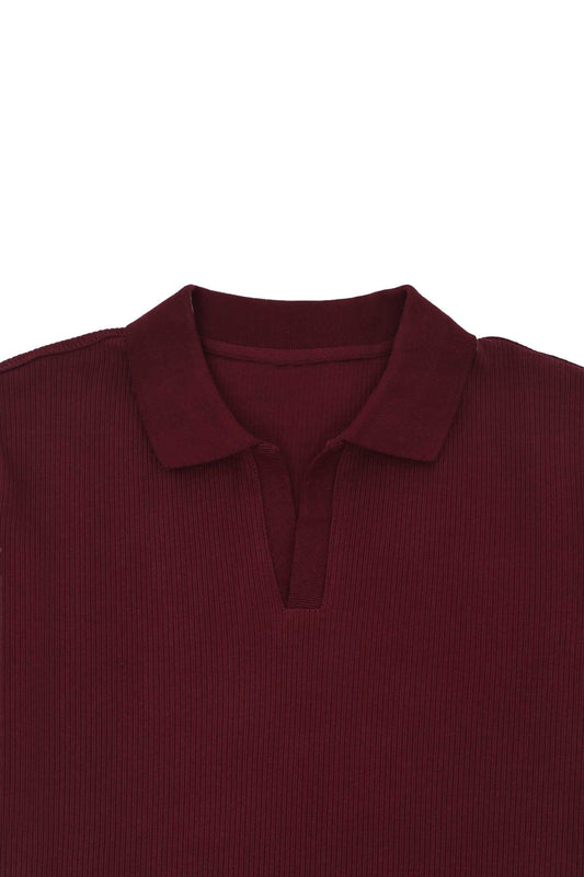 RIB COLLAR KNIT POLO-BURGUNDY