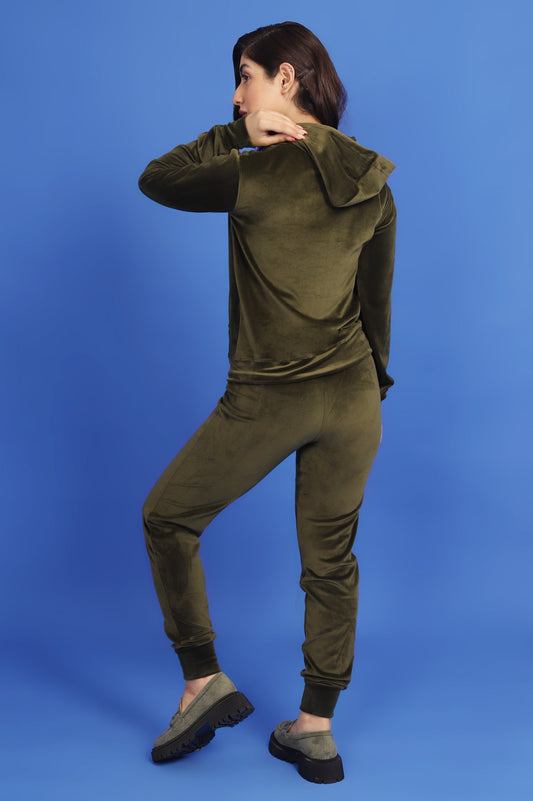 VELVET LUXE HOODED SET-OLIVE