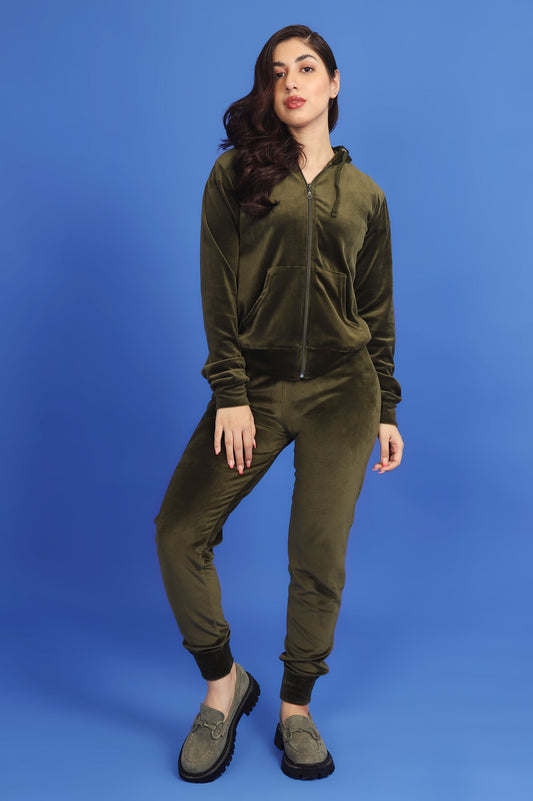 VELVET LUXE HOODED SET-OLIVE