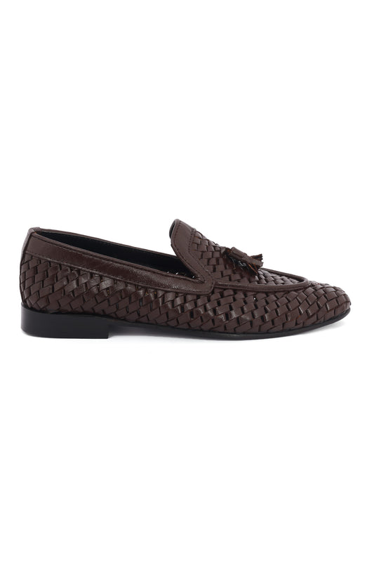 WOVEN LEATHER LOAFERS-COFFEE