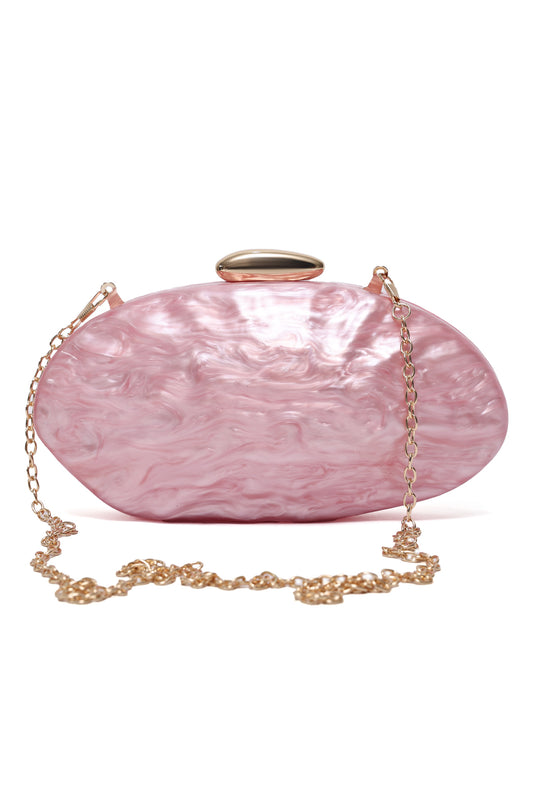 OVAL SHEEL EMBOSSED CLUTCH-PINK