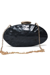 OVAL SHEEL EMBOSSED CLUTCH-BLACK