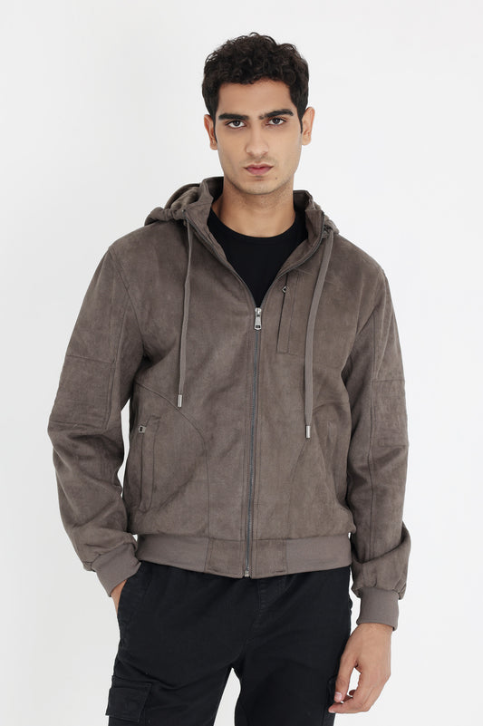 TWO-TONE SUEDE HOODIE-DK-GREY