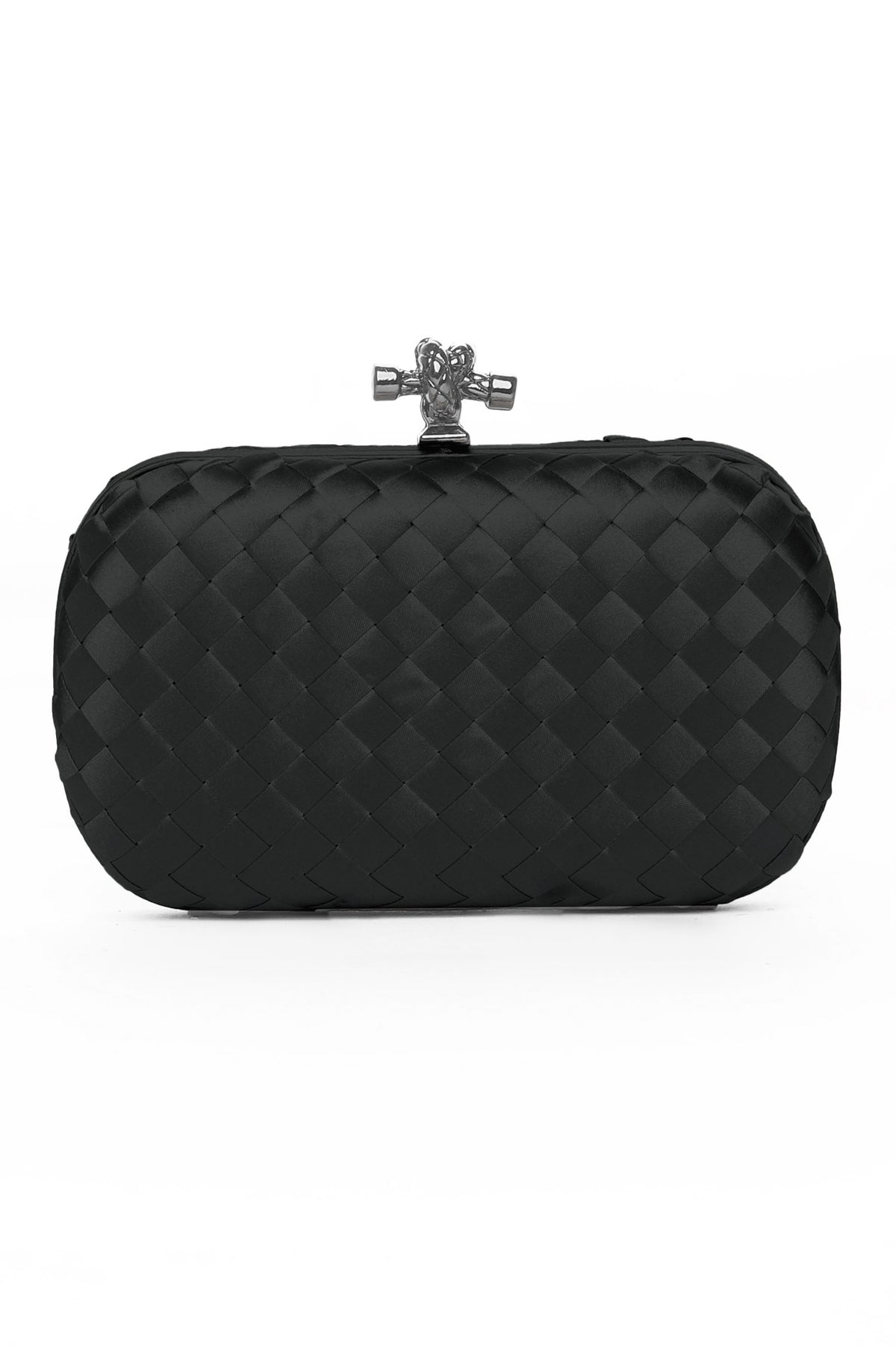 SATIN WEAVE KNOT CLUTCH-BLACK