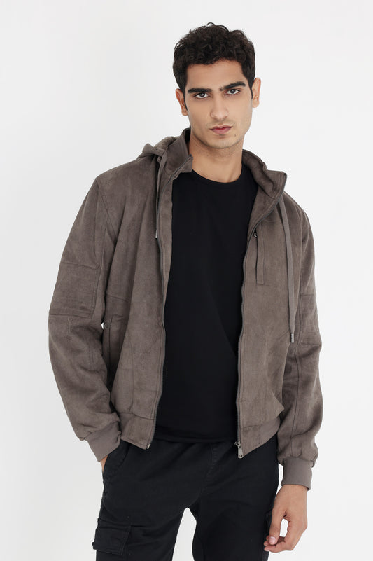 TWO-TONE SUEDE HOODIE-DK-GREY