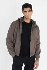 TWO-TONE SUEDE HOODIE-DK-GREY