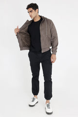 TWO-TONE SUEDE HOODIE-DK-GREY