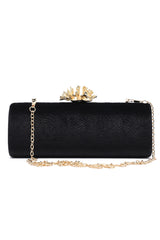CORAL BLOOM VELVET BARREL CLUTCH-BLACK