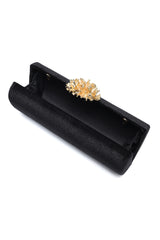 CORAL BLOOM VELVET BARREL CLUTCH-BLACK