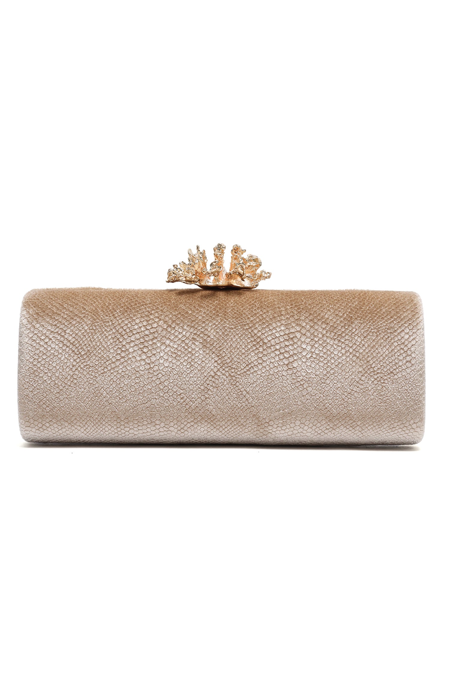 CORAL BLOOM VELVET BARREL CLUTCH-CHAMPAGNE