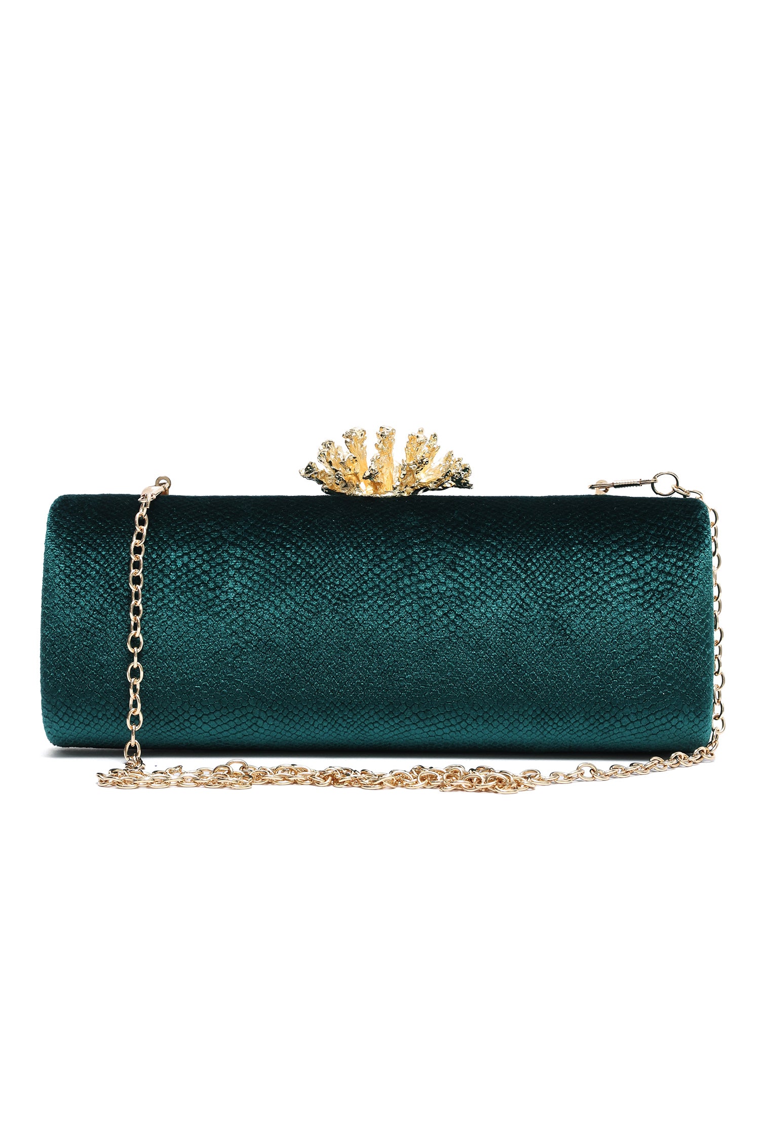 CORAL BLOOM VELVET BARREL CLUTCH-GREEN