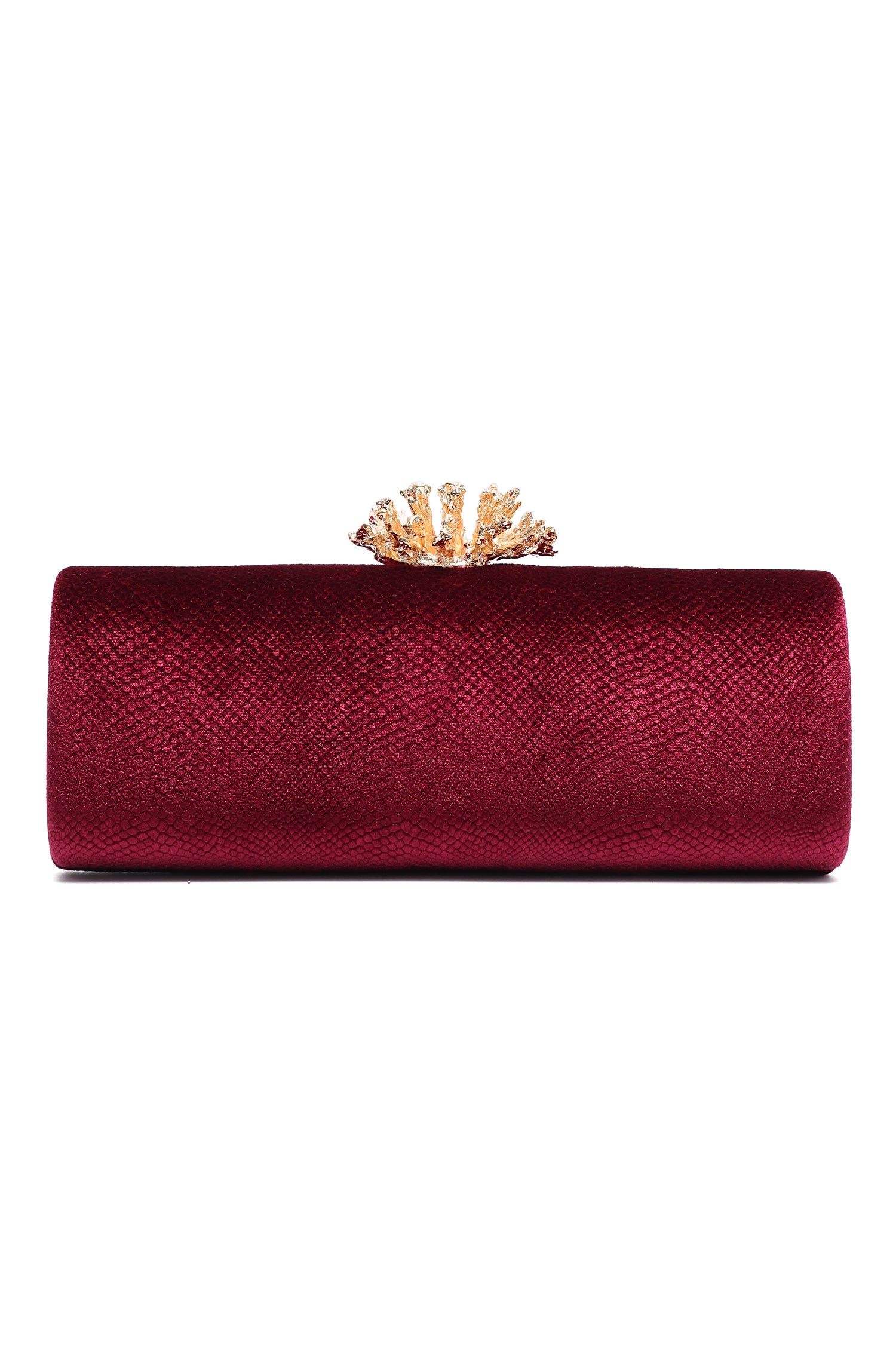 CORAL BLOOM VELVET BARREL CLUTCH-WINE