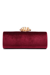 CORAL BLOOM VELVET BARREL CLUTCH-WINE