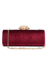 CORAL BLOOM VELVET BARREL CLUTCH-WINE