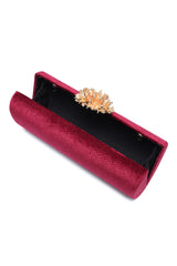 CORAL BLOOM VELVET BARREL CLUTCH-WINE
