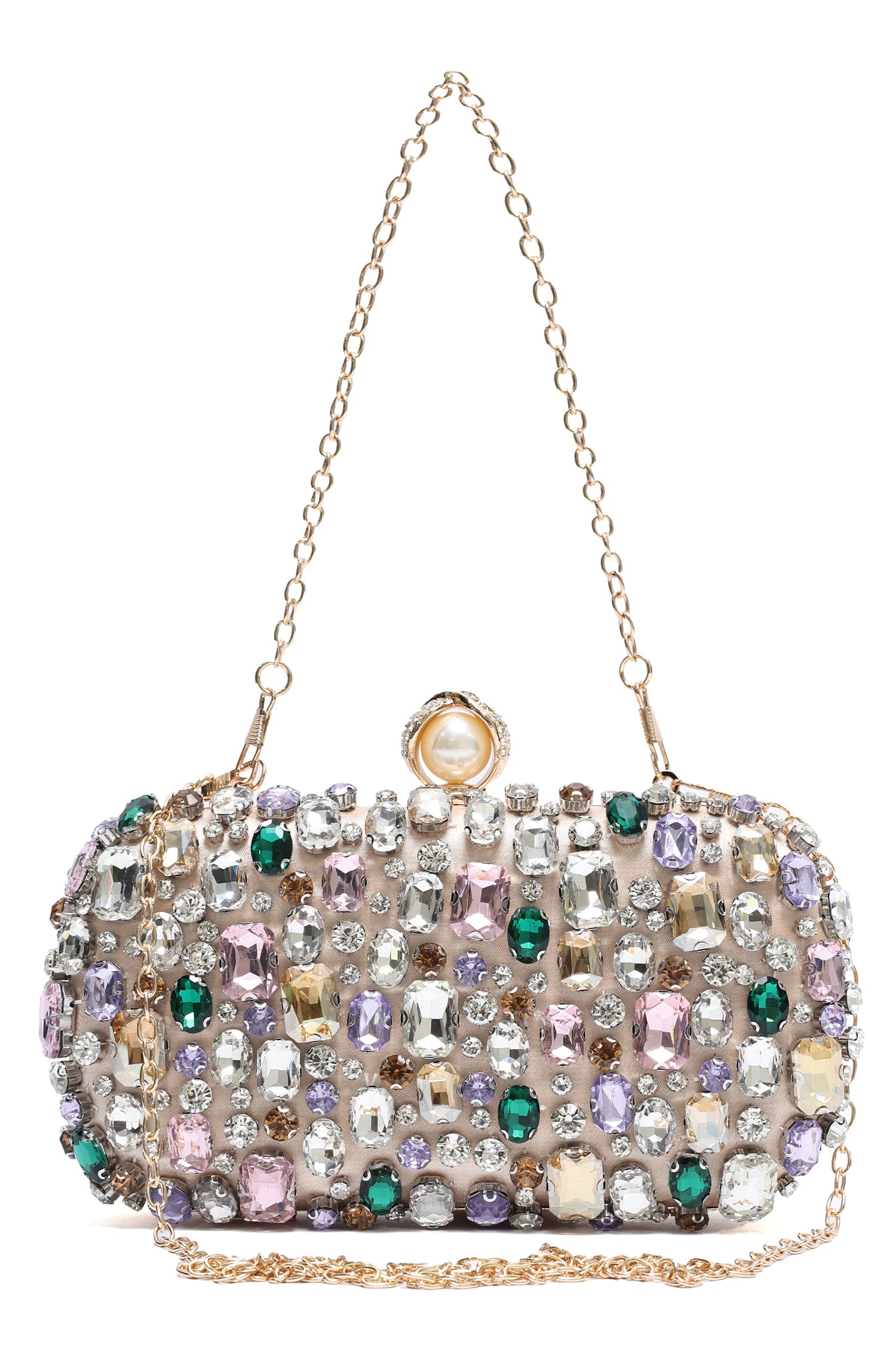 JEWEL MOSAIC PEARL CLASP CLUTCH-CHAMPAGNE