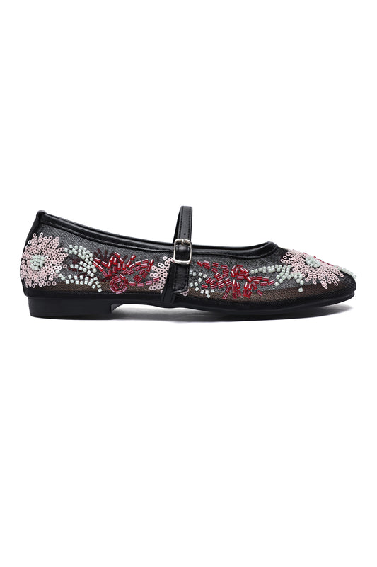 FLORAL MESH BALLERINAS-BLACK