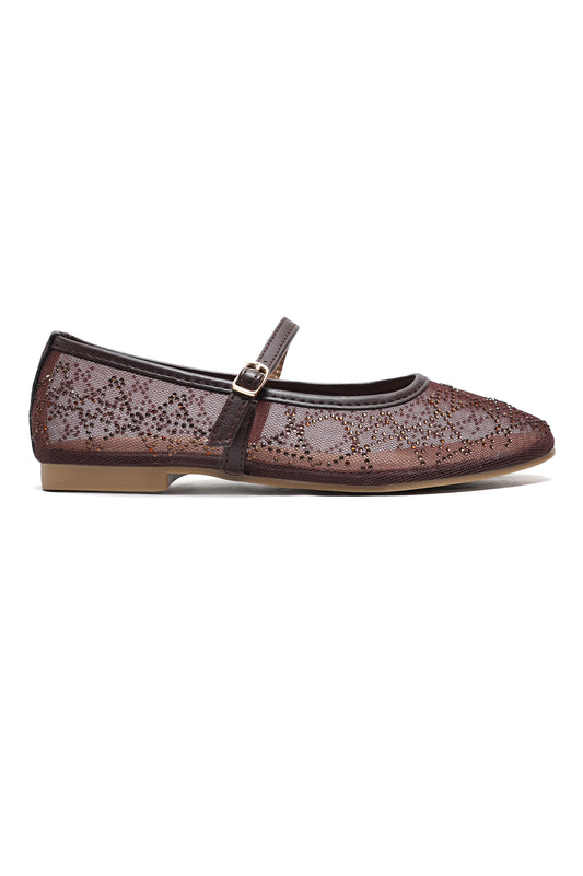 DIAMOND BLOOM BALLET FLATS-BROWN