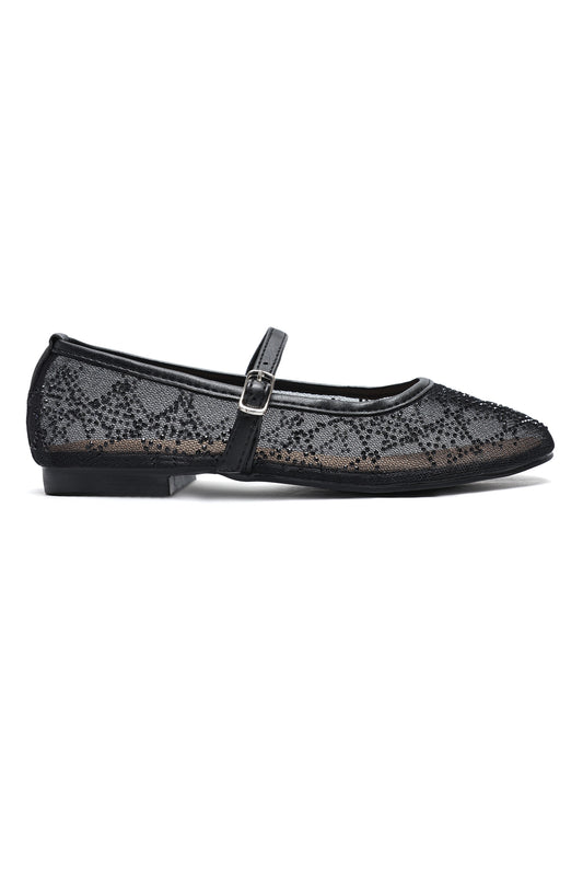 DIAMOND BLOOM BALLET FLATS-BLACK