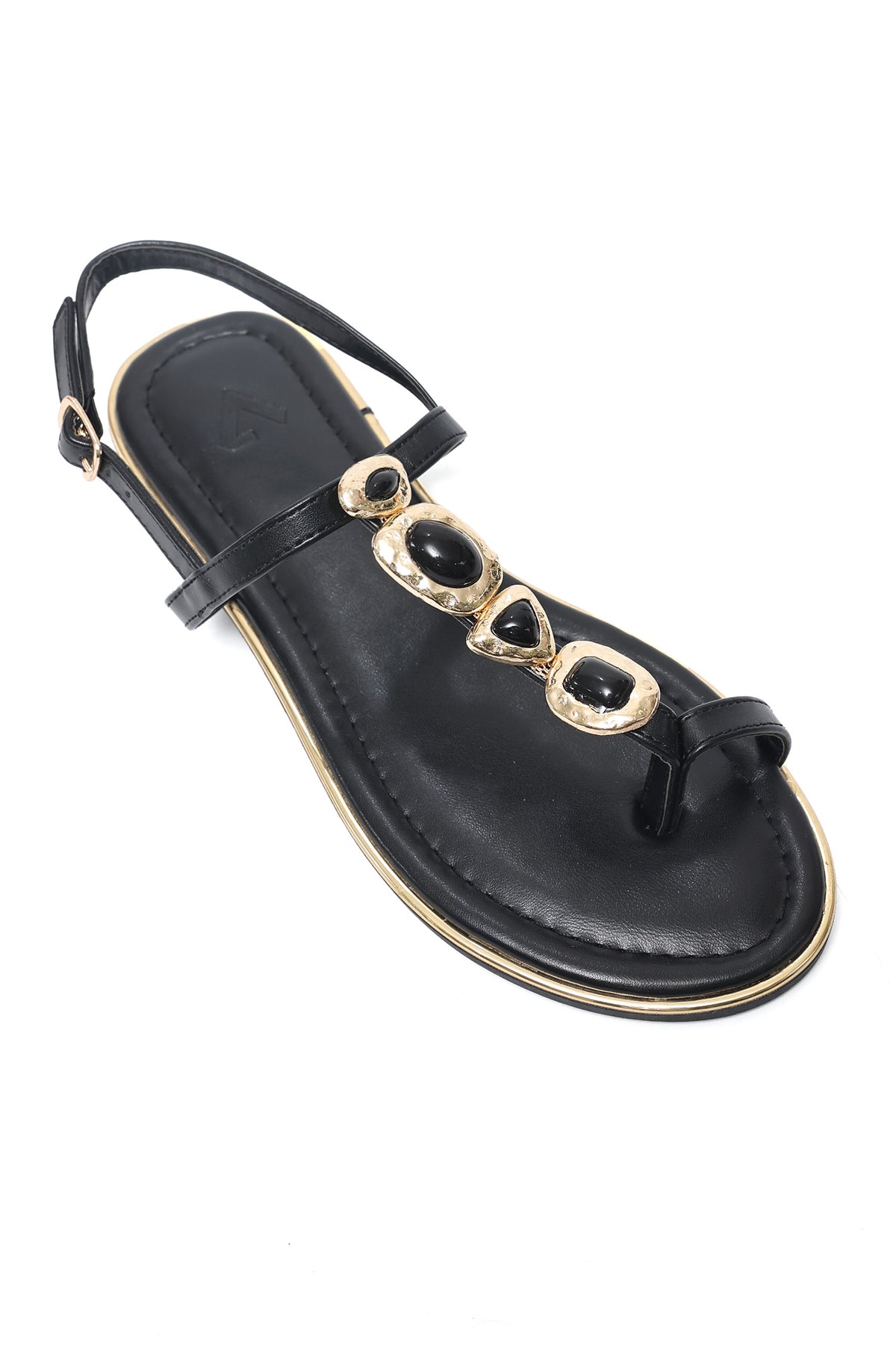 ORNATE STONE STRAP SANDAL-BLACK