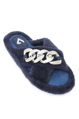 COZY CHAIN FUR SLIDE-NAVY