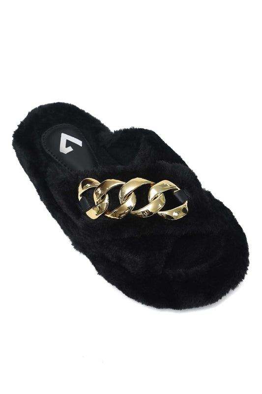 COZY CHAIN FUR SLIDE-BLACK