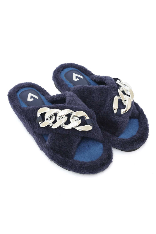 COZY CHAIN FUR SLIDE-NAVY