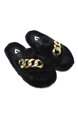 COZY CHAIN FUR SLIDE-BLACK